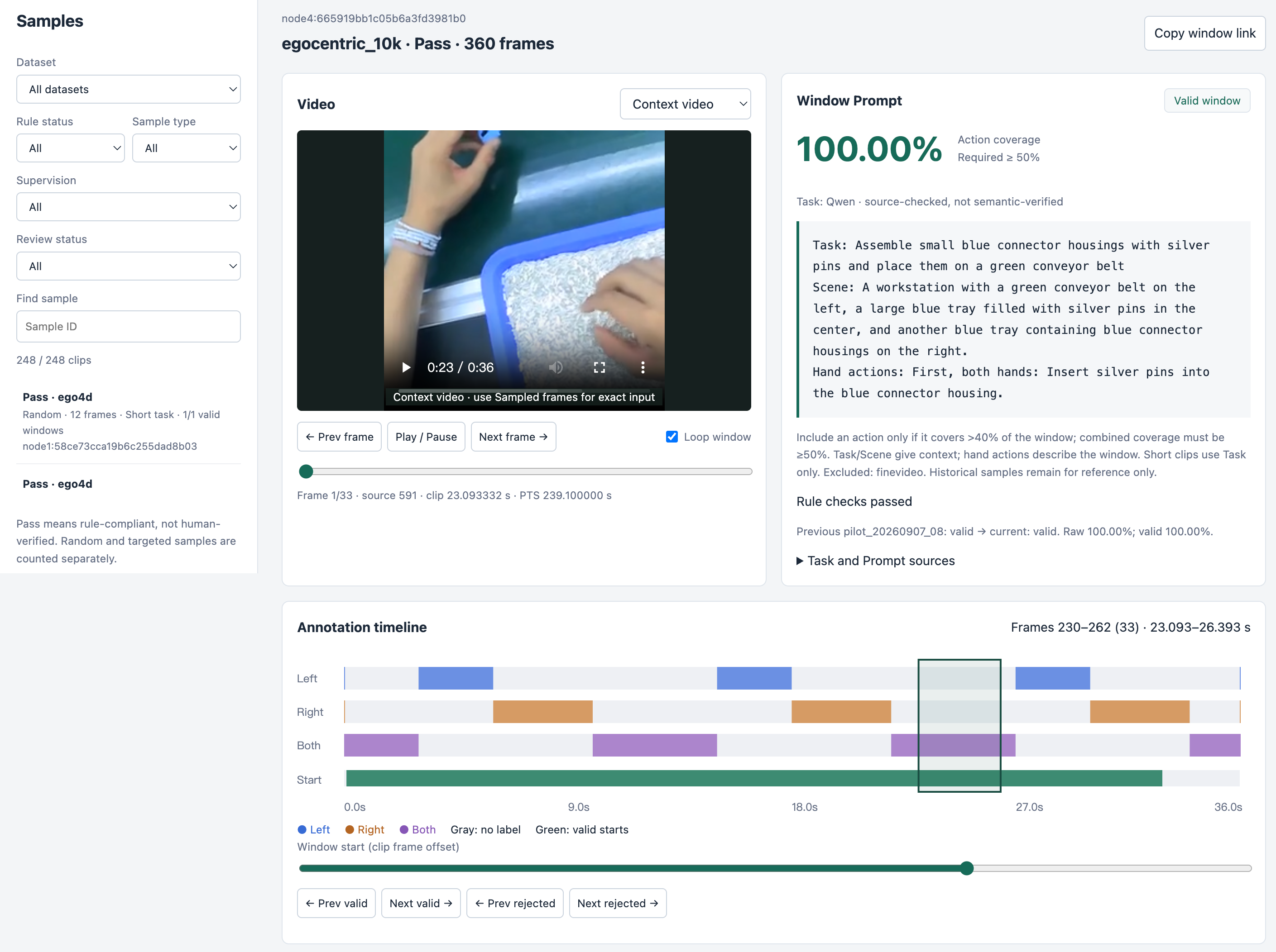 Annotation review interface comparing video windows, language descriptions, action coverage, and hand timelines