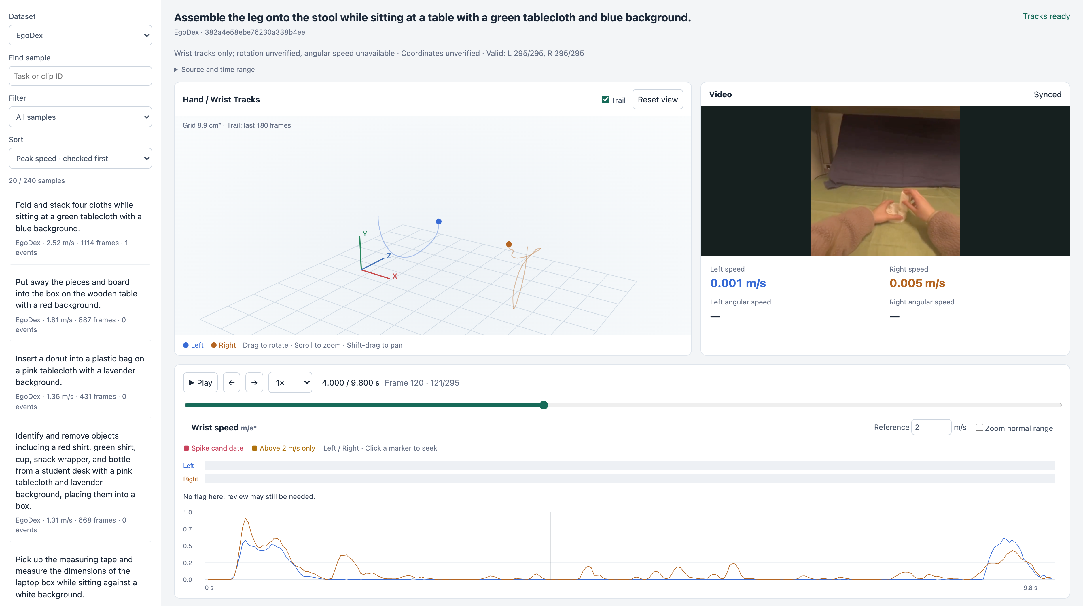 Ego viewer with synchronized video, wrist trajectories, speed curves, and frame controls